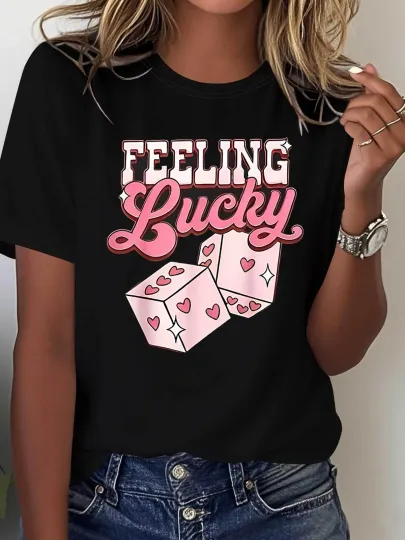 Discover Feeling Lucky Heart Dice Print T-Shirt - Short Sleeve Crew Neck Casual Top