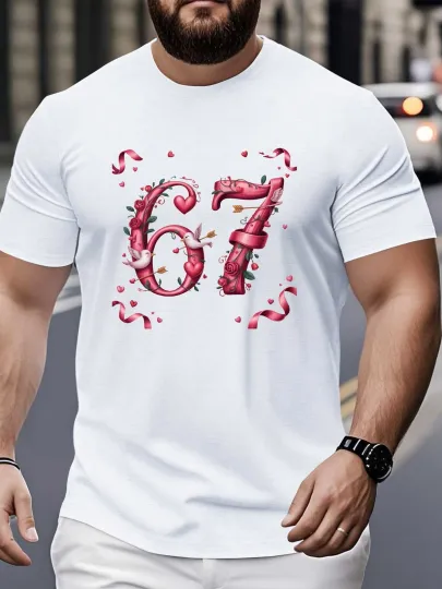 Discover Hearts & Cupid '67' Number Print Casual Short Sleeve Round Neck Tee