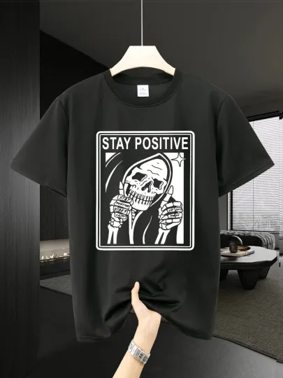 Discover Stay Positive Skull Design Regular Fit Short Sleeve Tee for Streetwear Casual