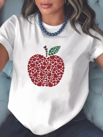 Discover Women's Sweet Heart Apple Print T-Shirt - Cute Apple & Heart Short Sleeve Blouse