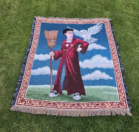 Vintage Harry Potter Hedwig Owl Woven Tapestry Throw Blanket Wall Hanging 59x47
