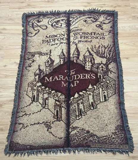 VINTAGE WARNER BROS HARRY POTTER HOGWARTS MARAUDERS WOVEN TASSELED THROW BLANKET