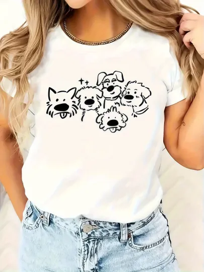 Discover Women's Casual Short Sleeve T-Shirt, Dog Pattern and Letter Design