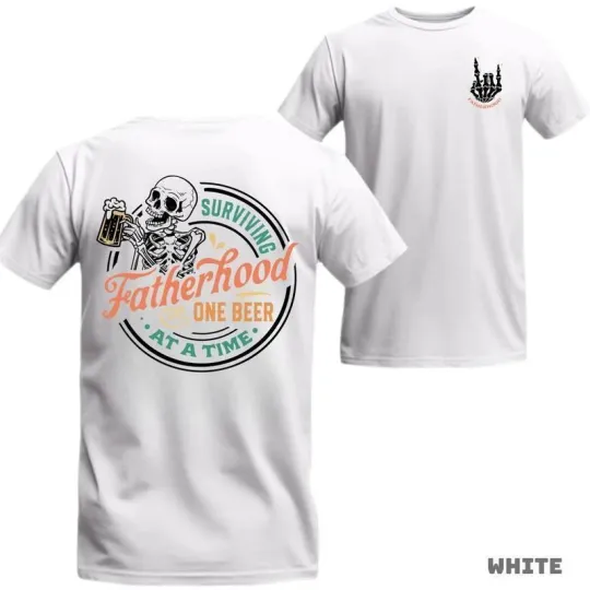 Discover Surviving Fatherhood T-Shirt - Skeleton with Beer Graphic and One BeeR