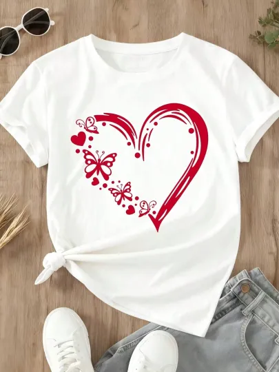 Discover Women Casual T Shirt Heart And Butterfly Print Valentine Day Gift For Women