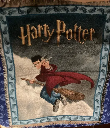 Vintage Harry Potter Throw Blanket Quidditch Hand Woven Fringed Warner Bros 2000