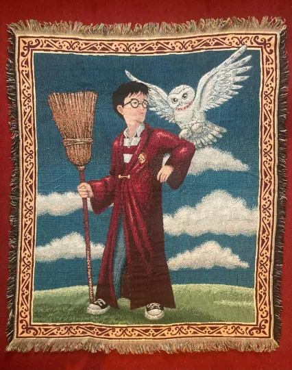 Vintage Harry Potter Hedwig Owl Woven Tapestry Throw Blanket Wall Hanging 58x47