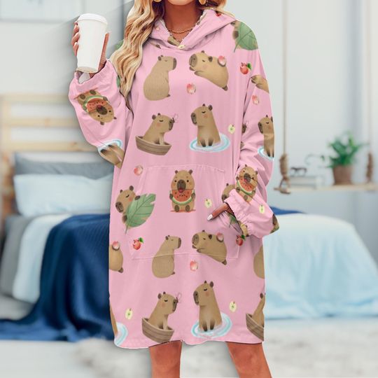 Kawaii Capybara Hoodie Blanket: Wearable Holiday Fall Blanket with Kangaroo Pocket
