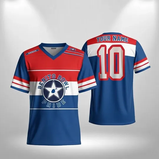 Discover Puerto Rico Game Day Top, Latin Fan Number 10, Island Stripe Design