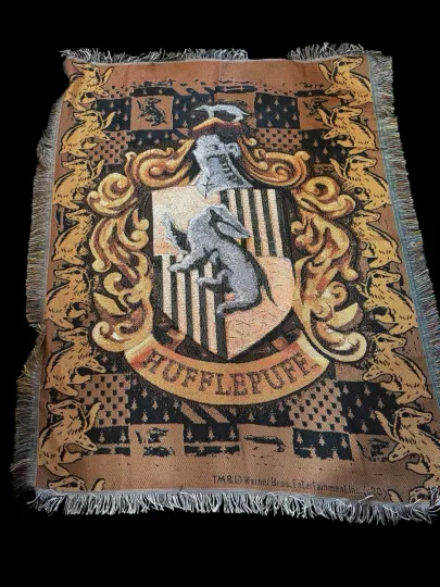 Harry Potter Hufflepuff Dark Academic Woven Tapestry Throw Blanket w/ Fringe