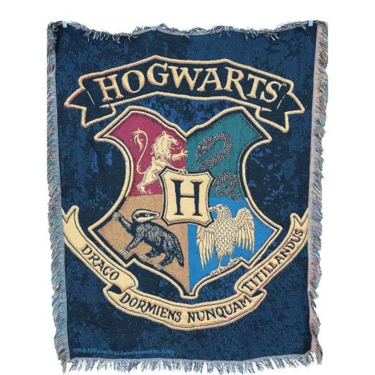 Harry Potter Hogwarts Crest Tapestry Throw Blanket 50" x 60" Woven Fringe EUC