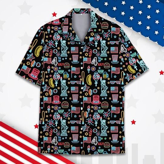Discover 4th of July Neon Hawaiian Shirt Unisex Patriot USA Flag Independence Day Party Summer Gift