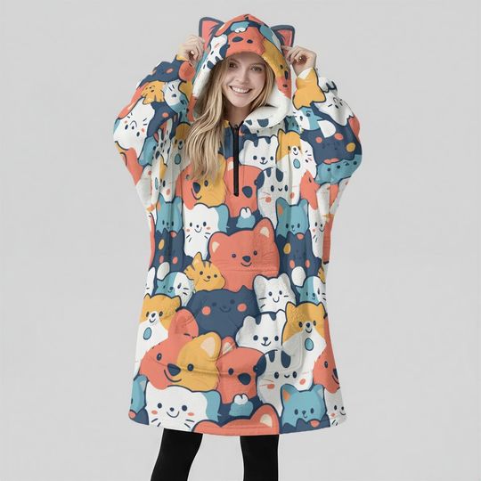 Cute Animal Hoodie Blanket  Oversized Cozy Hoodie with Cat Ears and Large Front Kangaroo Pocket
