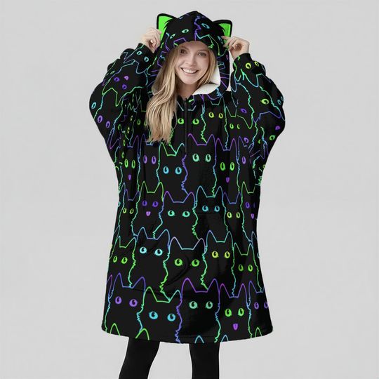 Neon Cat Hoodie Blanket  Oversized Cozy Hoodie with Ears and Large Front Kangaroo Pocket