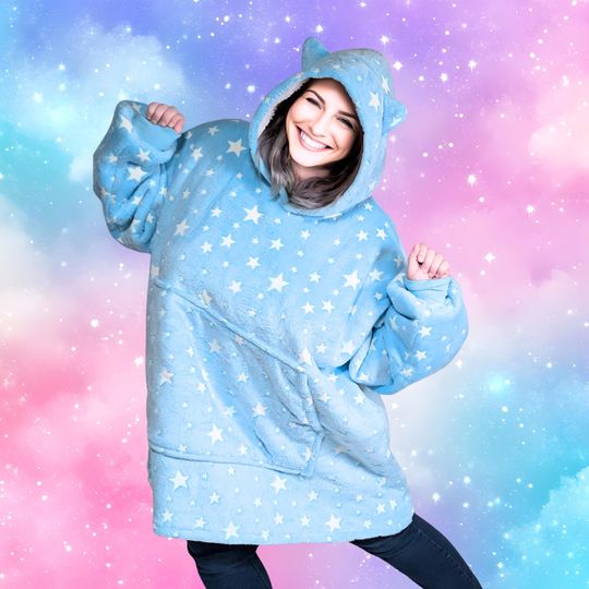 Blue Glow-in-dark Star Cat Ear Oversized Hoodie Blanket