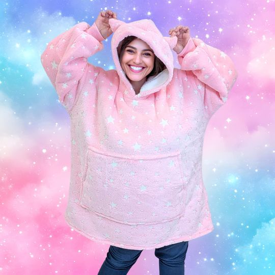 Pink Glow-in-dark Star Cat Ear Hoodie Blanket