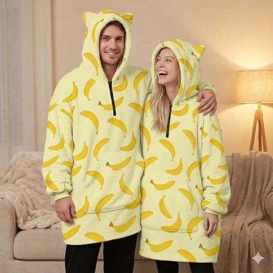 Unisex Banana Wearable Blanket Hoodie | Couple Matching Oversized Hoodie Blanket | Cozy Winter Fleece | Cute Gift Idea