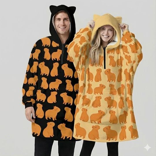 Unisex Capybara Wearable Blanket Hoodie | Couple Matching Oversized Hoodie Blanket | Cozy Winter Fleece | Cute Gift Idea