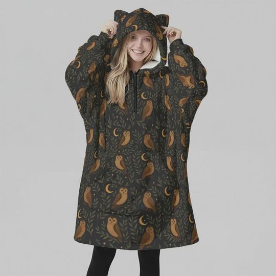 Unisex Owl Wearable Blanket Hoodie | Couple Matching Oversized Hoodie Blanket | Cozy Winter Fleece | Cute Gift Idea