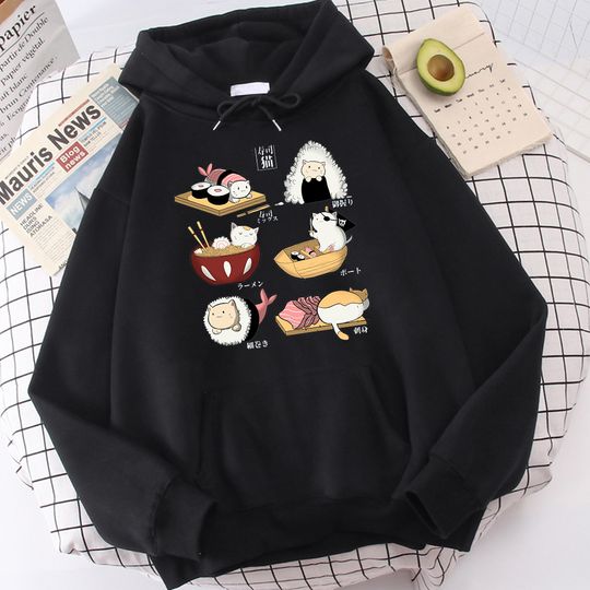 Discover Food Cute Cat Sushi Printed Hoodie Mens Autumn Fleece Oversize Hoody Hip Hop Loose Sweatshirt Soft Oversize  Clothes Tops