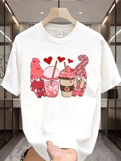 Discover Cartoon Gnome Design TSHIRT with a Red Heart And Strawberry Milkshake Coffee Cup