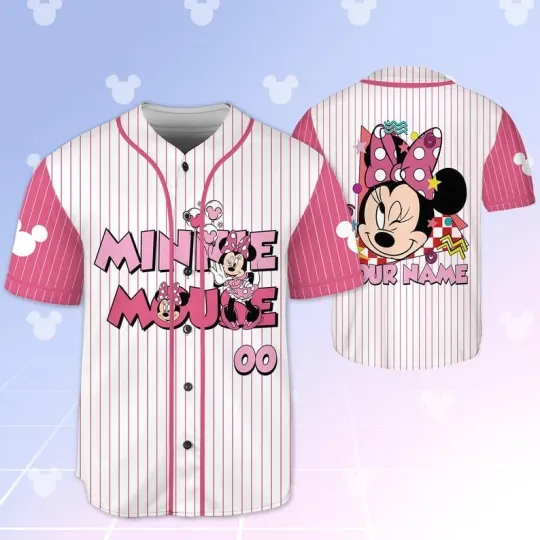 Discover Personalized Minnie Mouse Valentine's Day Baseball Jersey Shirt, Pink and White