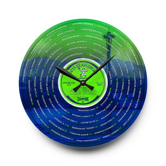 Discover Seattle Seahawks 2013 Champs Vintage Skyline Wall Clock | Super Bowl XLVIII Champions Roster | Acrylic Record-Inspired Wall Clock Christmas