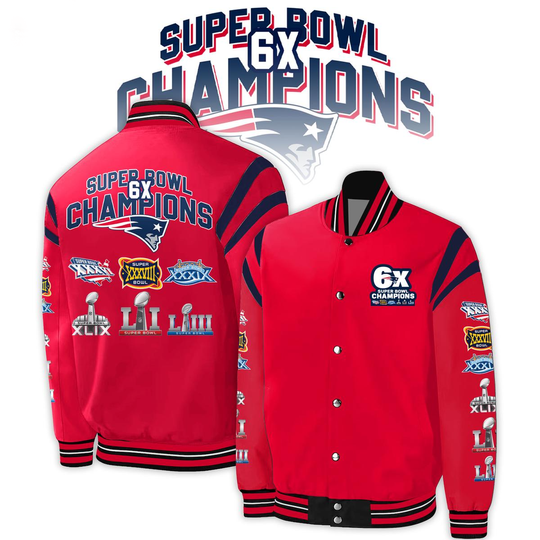 New England Patriots 6 Time Super Bowl Champions Patch Throwback Baseball Jacket