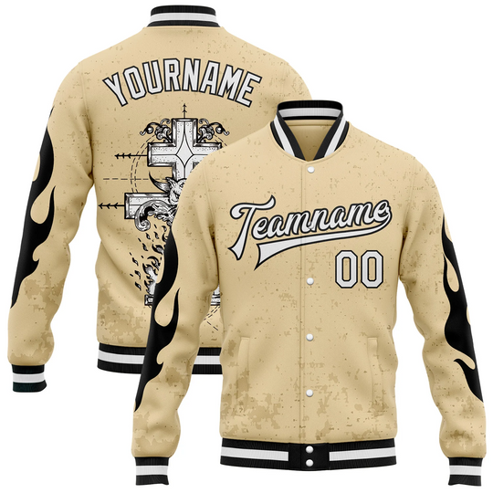 Discover Custom Gothic Flame Cross Grunge Varsity Letterman Jacket City Cream White Black