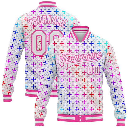 Discover Custom Gothic Gradient Crosses Varsity Letterman Jacket White Pink