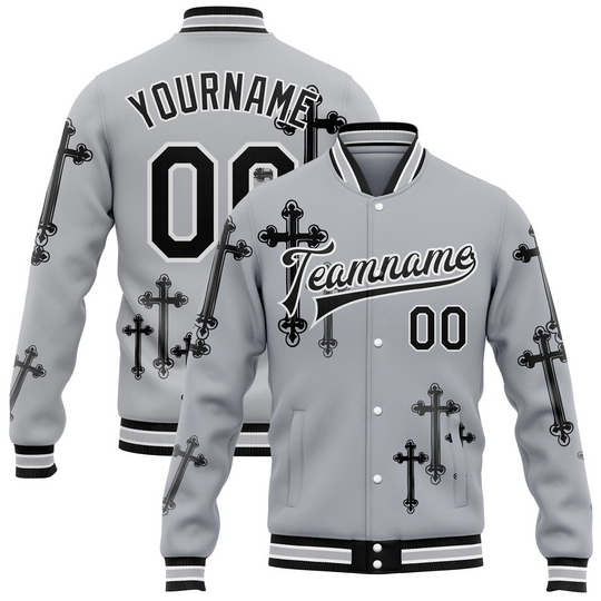 Discover Custom Gothic Crosses Varsity Letterman Jacket Gray Black White