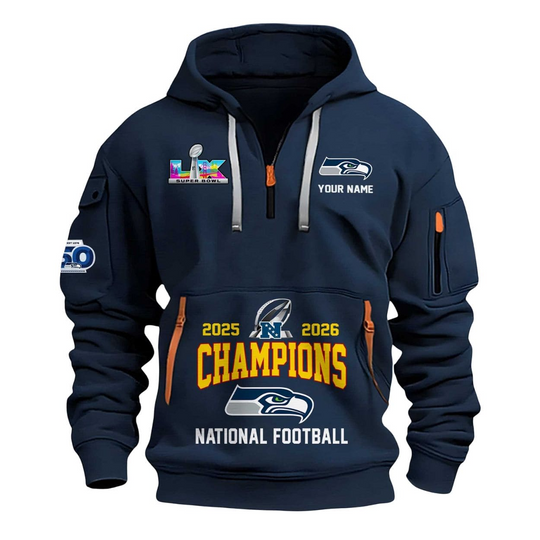 Discover Personalized Seattle Seahawks 2025-2026 NFC Champions Commemorative Quarter Zip Hoodie