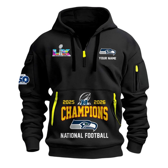 Personalized Seattle Seahawks 2025-2026 NFC Champions Commemorative Quarter Zip Hoodie