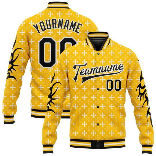 Custom Gold Black-White Gothic Crosses Bomber Varsity Letterman Jacket