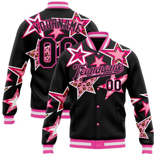 Custom Black Pink Y2K Stars Bomber Varsity Letterman Jacket