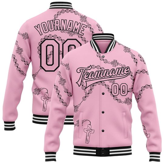 Custom Light Pink Black-White Gothic Crosses Bomber Varsity Letterman Jacket