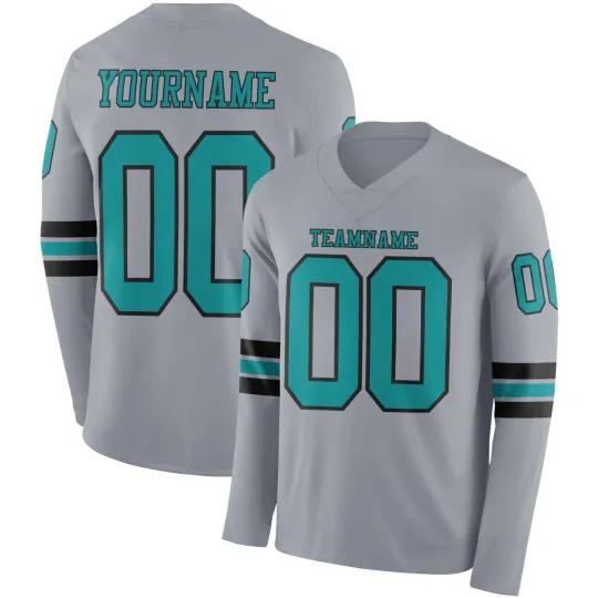 Discover Custom Gray Teal-Black Long Sleeve Football Jersey