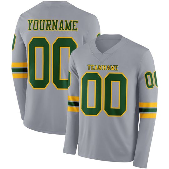 Discover Custom Gray Green-Gold Long Sleeve Authentic Football Jersey