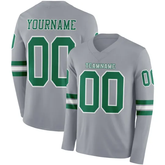 Custom Gray Kelly Green-White Long Sleeve Authentic Football Jersey