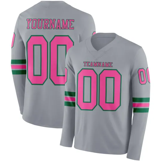 Custom Gray Pink-Kelly Green Long Sleeve Authentic Football Jersey