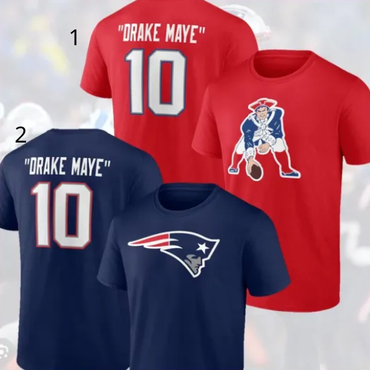 Discover Drake Maye #10 New England Patriots Double Sided T-Shirt 2025 Player Name & Number