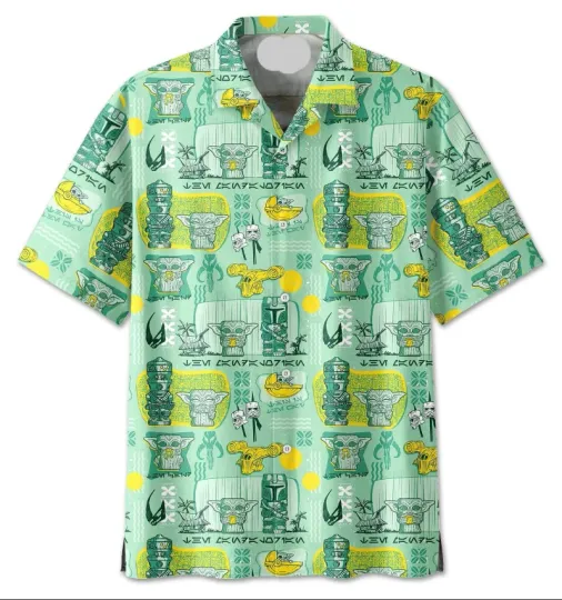 Discover Disney Star Wars Baby Yoda Mandalorian Tiki Style Green Aloha Hawaiian Shirt