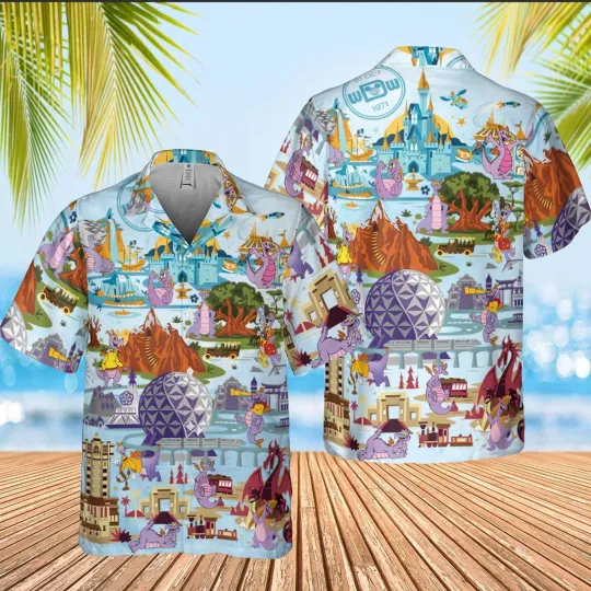 Discover Disney Est Epcot Figment Funny Purple Dragon Aloha Hawaiian Shirt