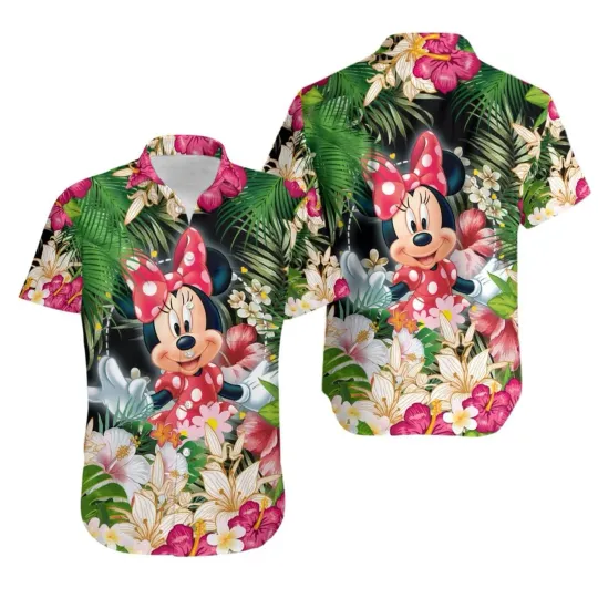 Discover Disney Minnie Mouse Pink Floral Pattern Vacation Cartoon Aloha Hawaiian Shirt