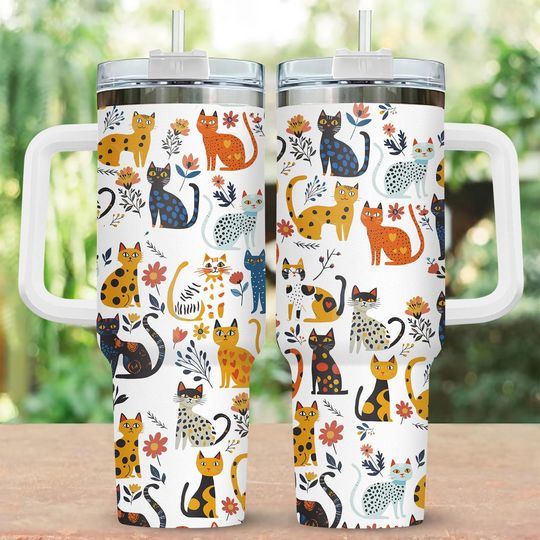 Discover Cat Floral 40oz Tumbler with Handle, Summer Pet Love Stainless Steel Drinkware