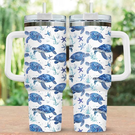 Discover 40oz Sea Turtle Tumbler with Handle, Ocean & Summer Beach Drinkware