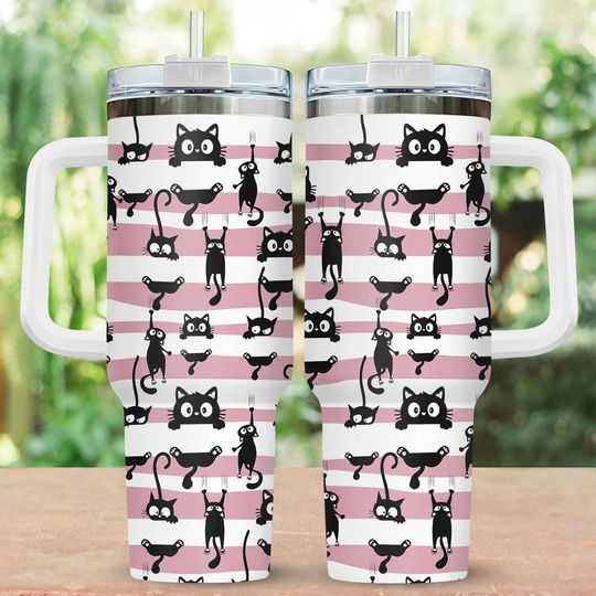 Discover 40 oz Black Cat Tumbler with Handle, Funny Pet Lover Drinkware, Stainless Steel for Women