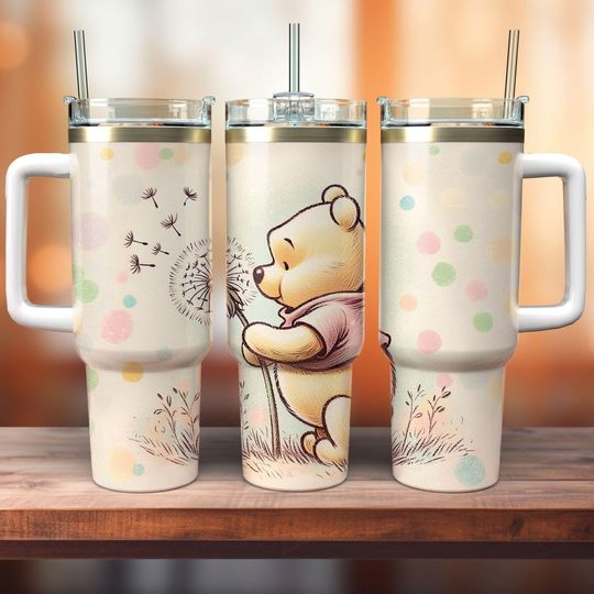Discover 40oz Insulated Tumbler with Handle Winnie the Pooh and Dandelions | To-Go Coffee Mug | Thermal Mug for Home & Outdoor