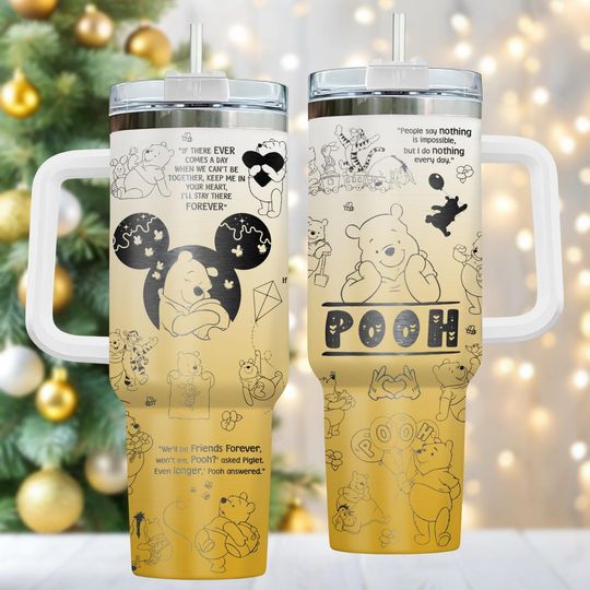 Discover Pooh 40oz Tumbler with Handle, Stainless Steel Travel Mug, Inspirational Coffee Cup, Holiday Drinkware for Her