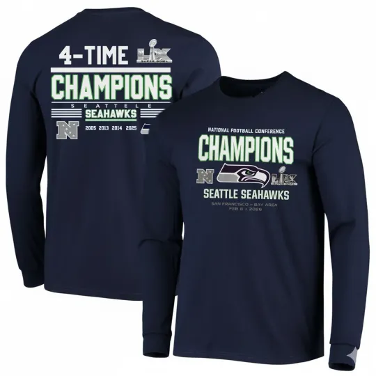 Seattle Seahawks NFC Championship 4-Time Champs 2025 Super Bowl Long Sleeve